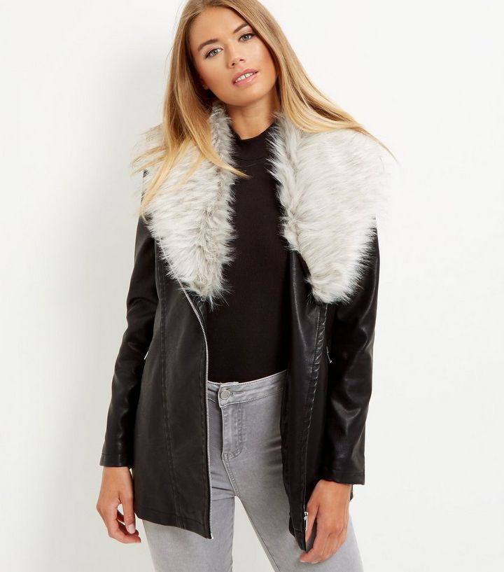Black Leather Look Faux Fur Collar Longline Biker Jacket New Black Leather Look Faux Fur Collar Longline Biker Jacket The