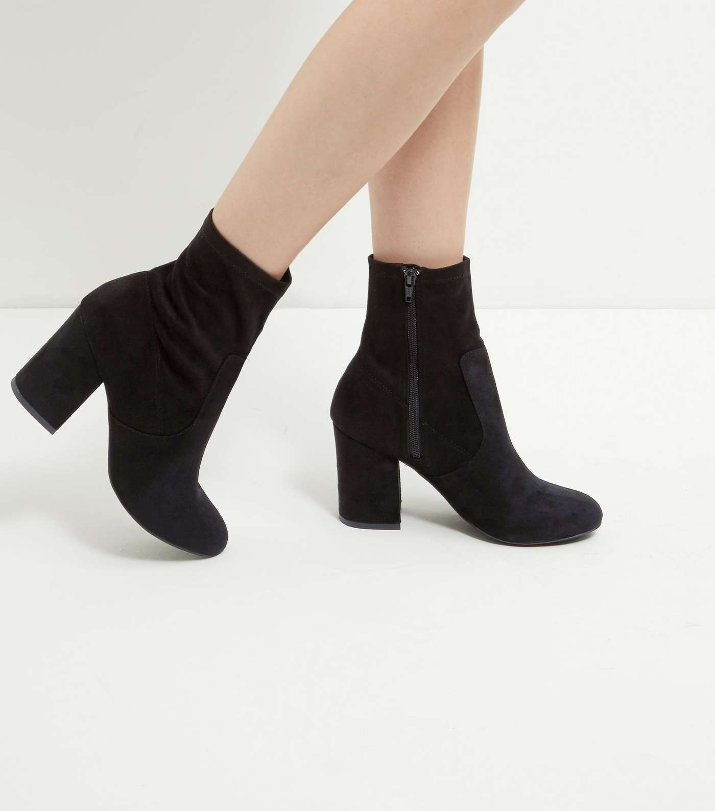 Black Suedette Block Heel High Ankle Boots 