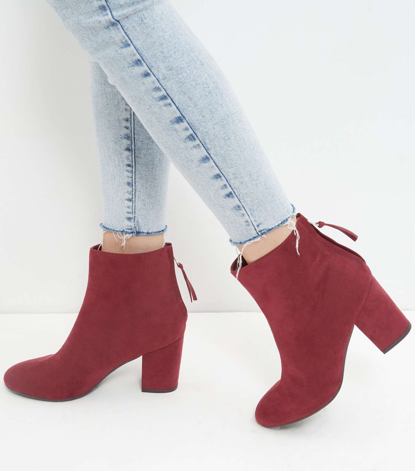 Dark Red Suedette Block Heel Boots
