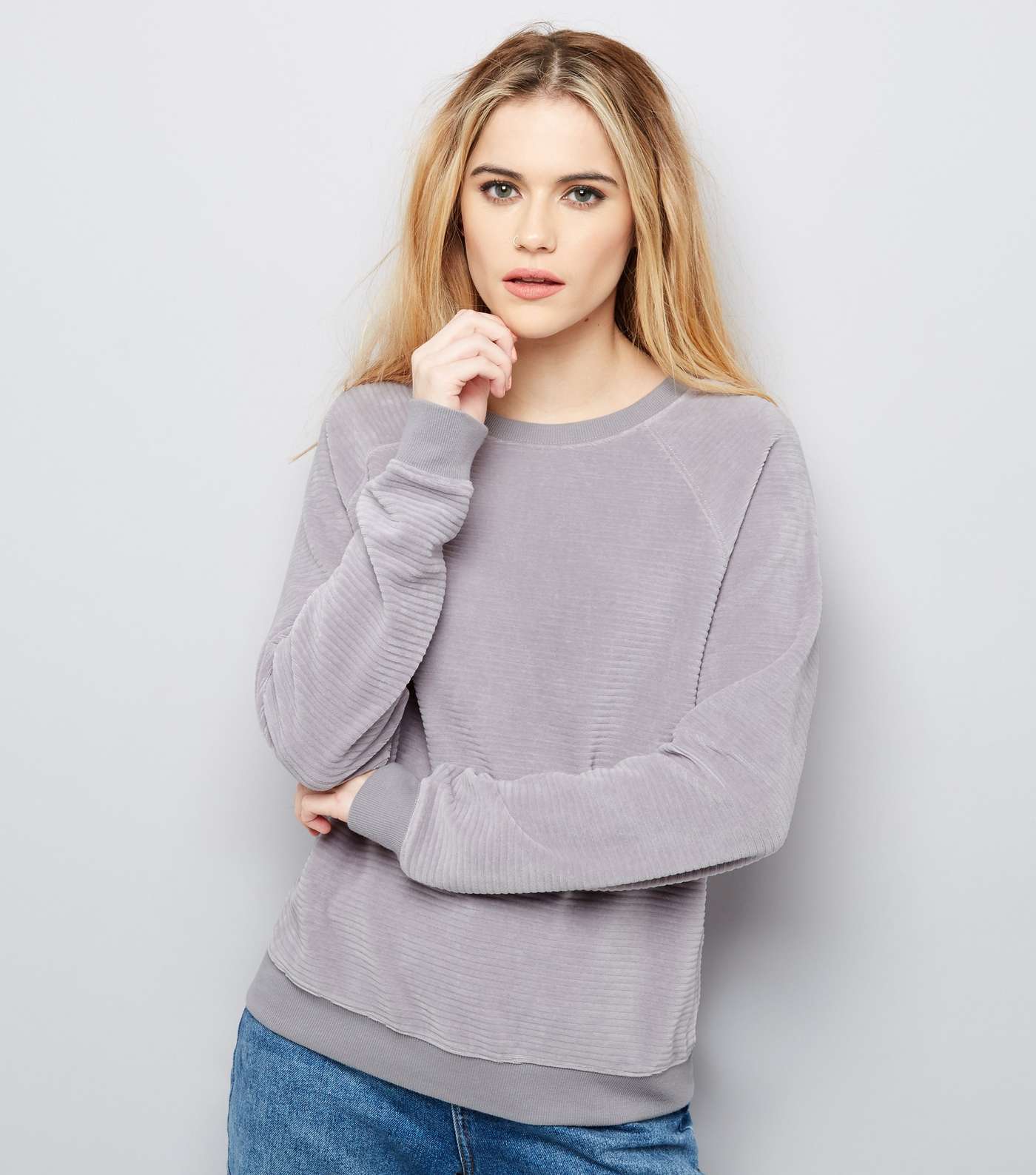 Pale Grey Velvet Long Sleeve Sweater 