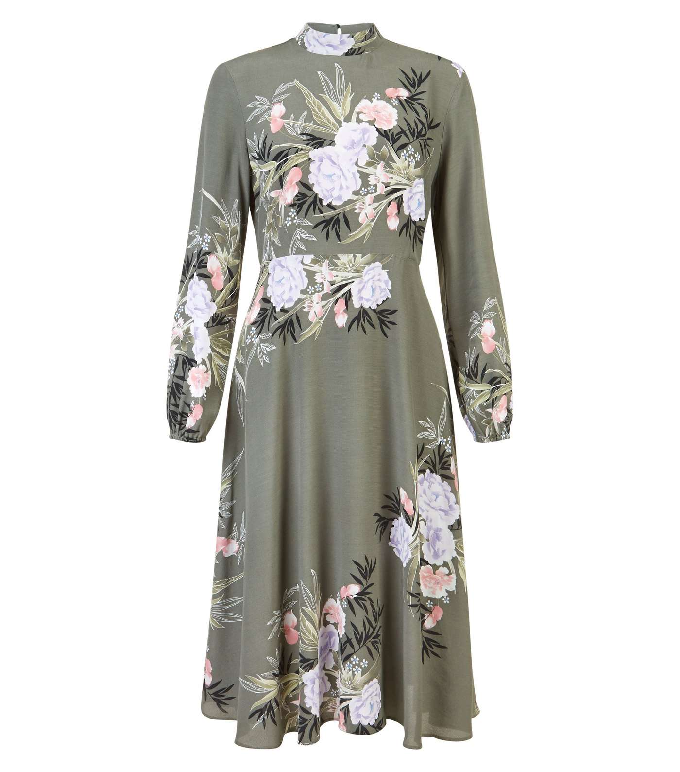 Khaki Floral Print Funnel Neck Long Sleeve Midi Dress Image 4
