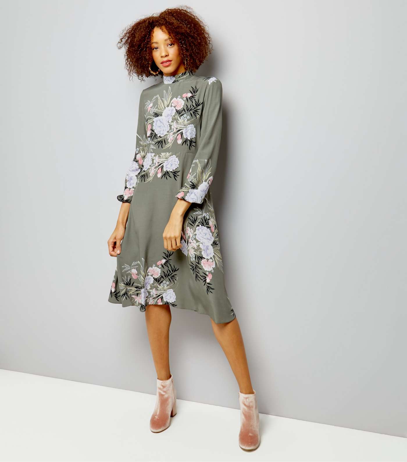 Khaki Floral Print Funnel Neck Long Sleeve Midi Dress Image 2