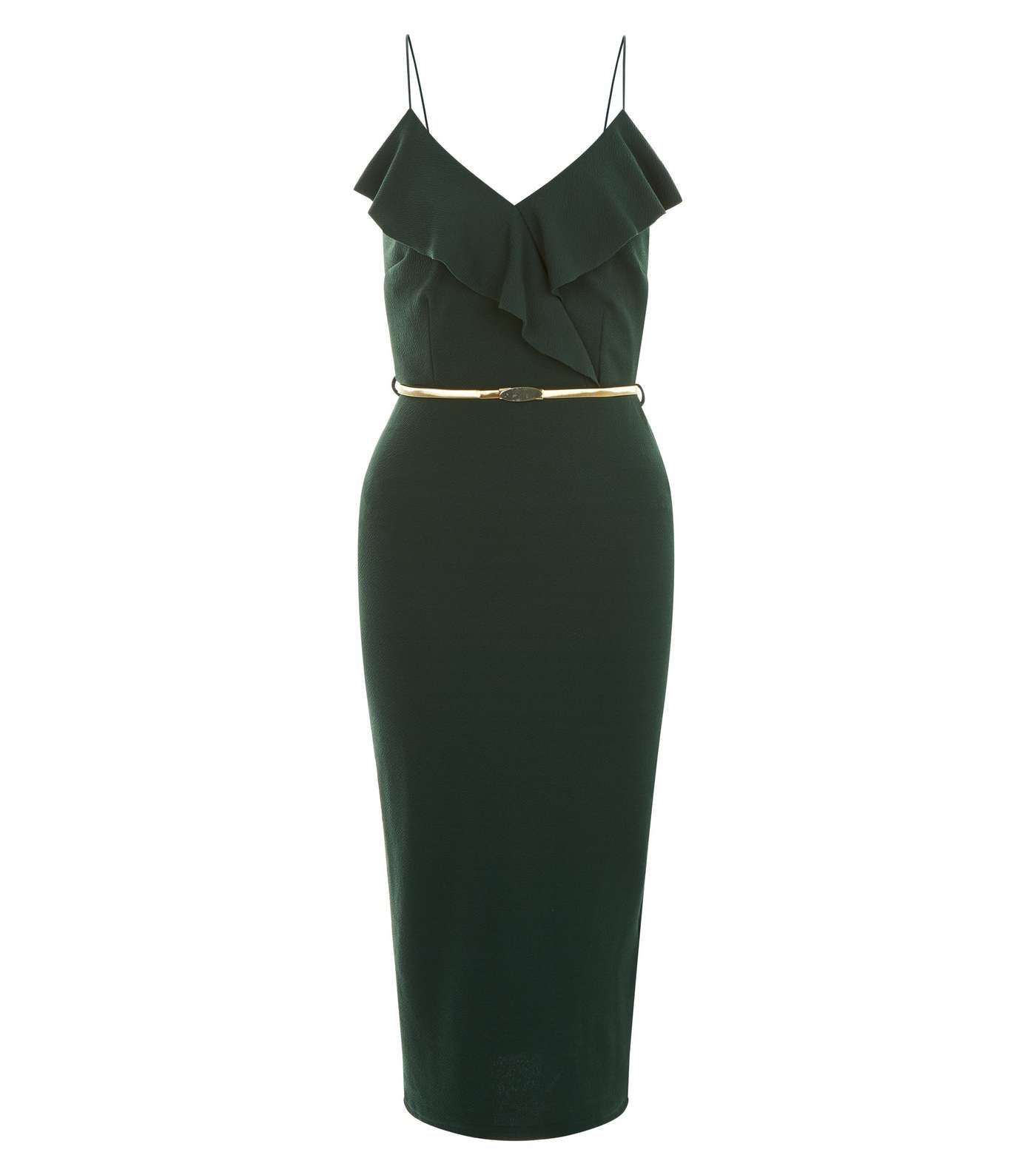 Dark Green Frill Trim Belted Bodycon Dress  Image 4
