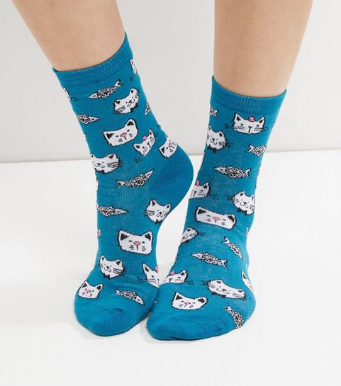 Chaussettes bleues à imprimé chats