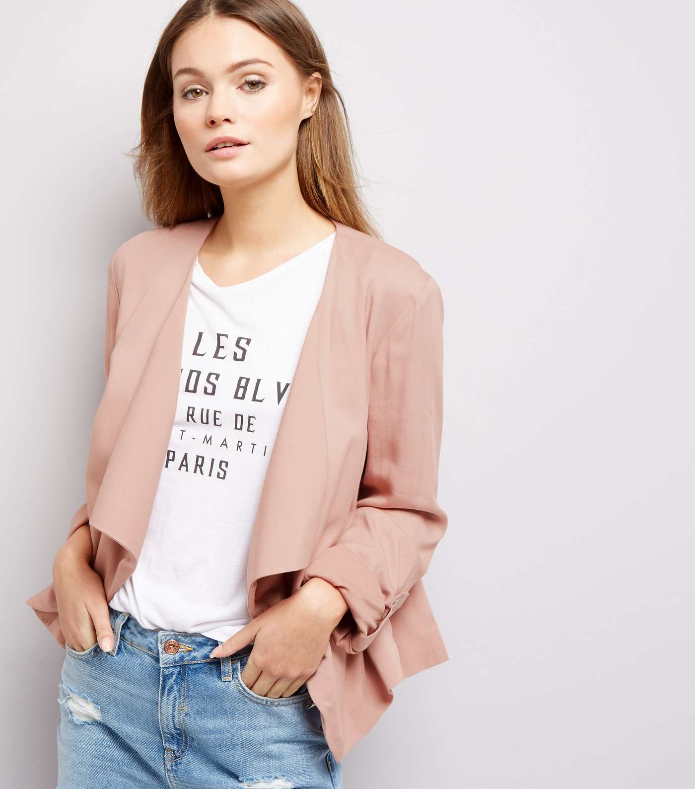 Shell Pink Waterfall Rolled Sleeves Blazer 