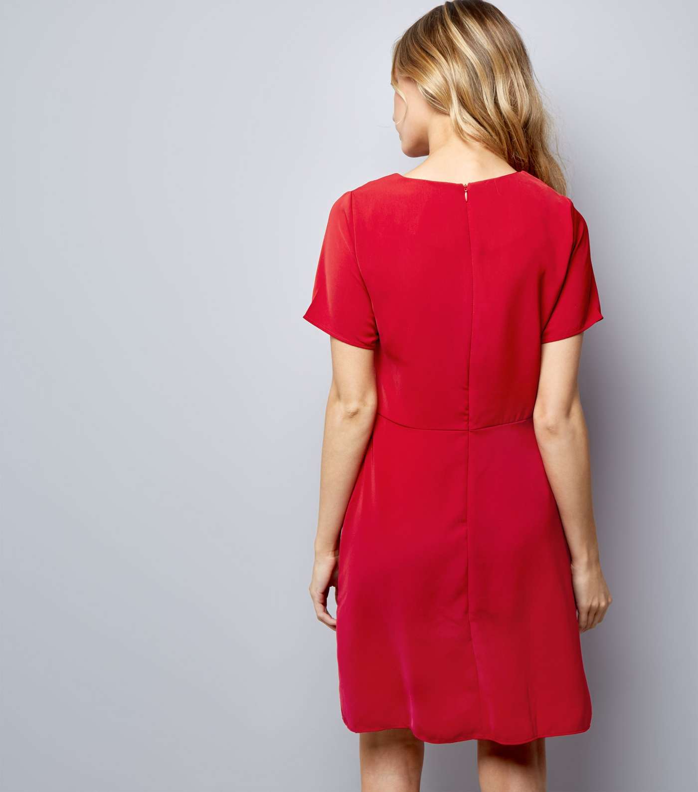 Red Tie Waist Short Sleeve A-Line Dress  Image 3