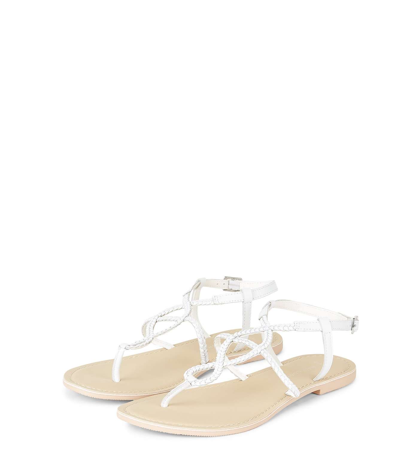 Wide Fit White Leather Plaited Sandals Image 3