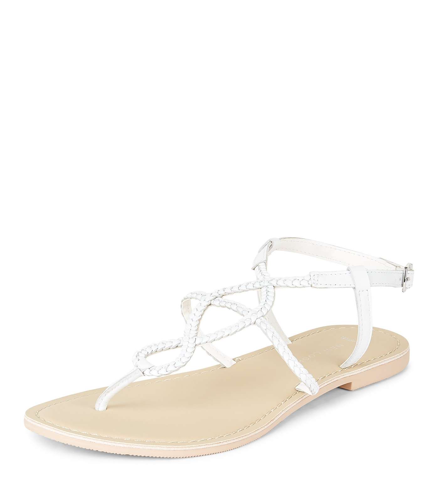Wide Fit White Leather Plaited Sandals Image 5