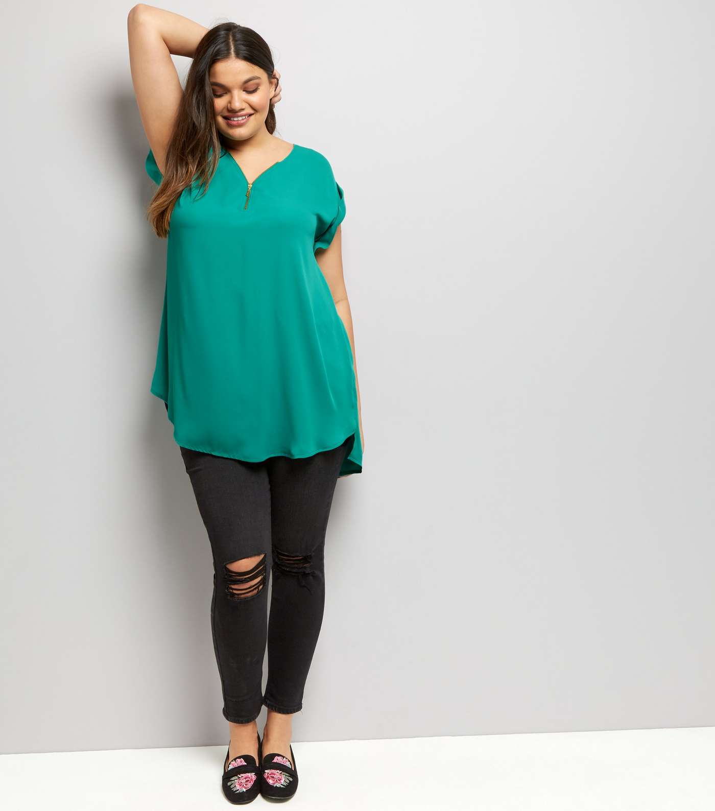 Curves Green Zip Neck Tunic Top Image 2