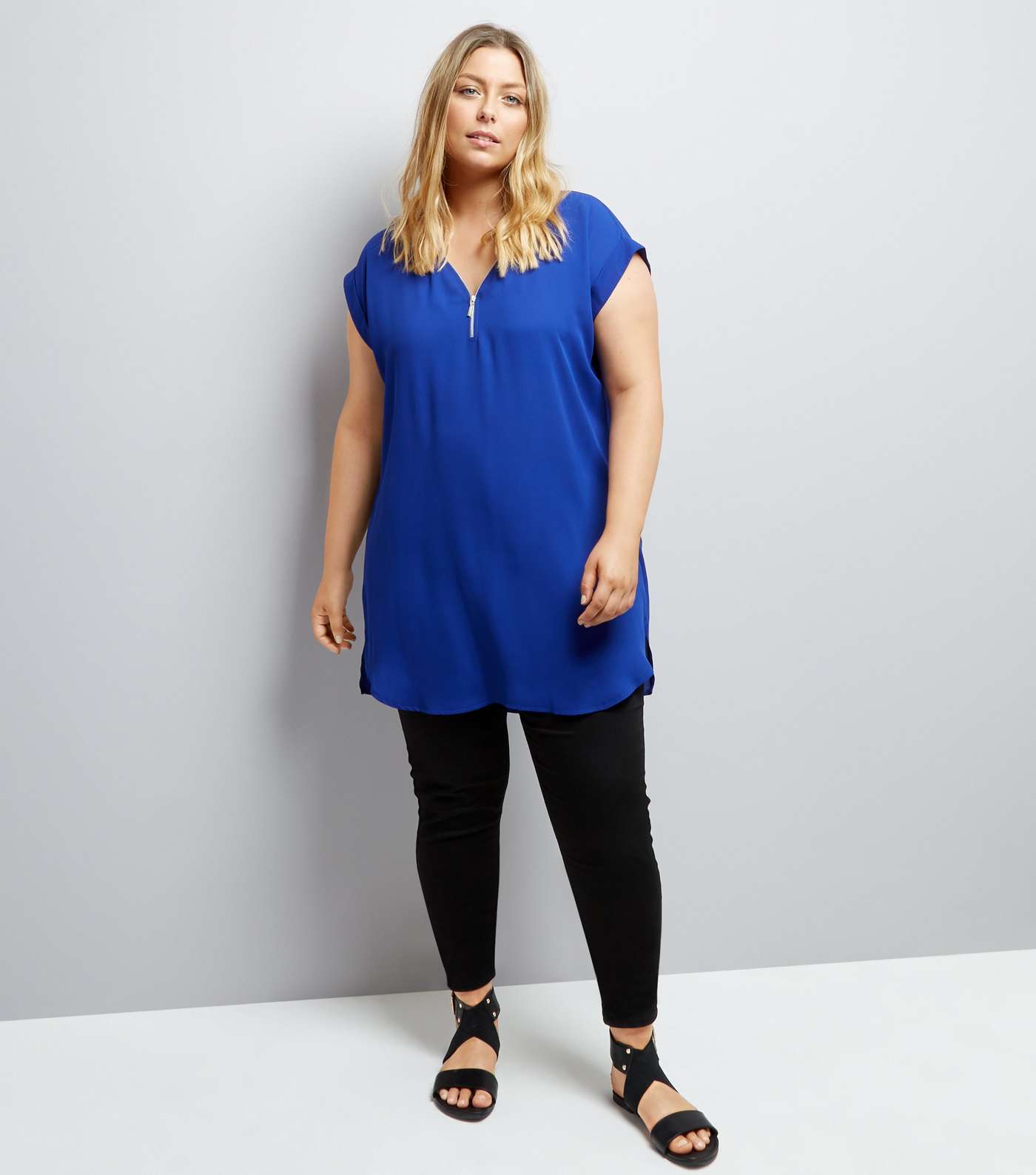 Curves Blue Zip Neck Tunic Top Image 2