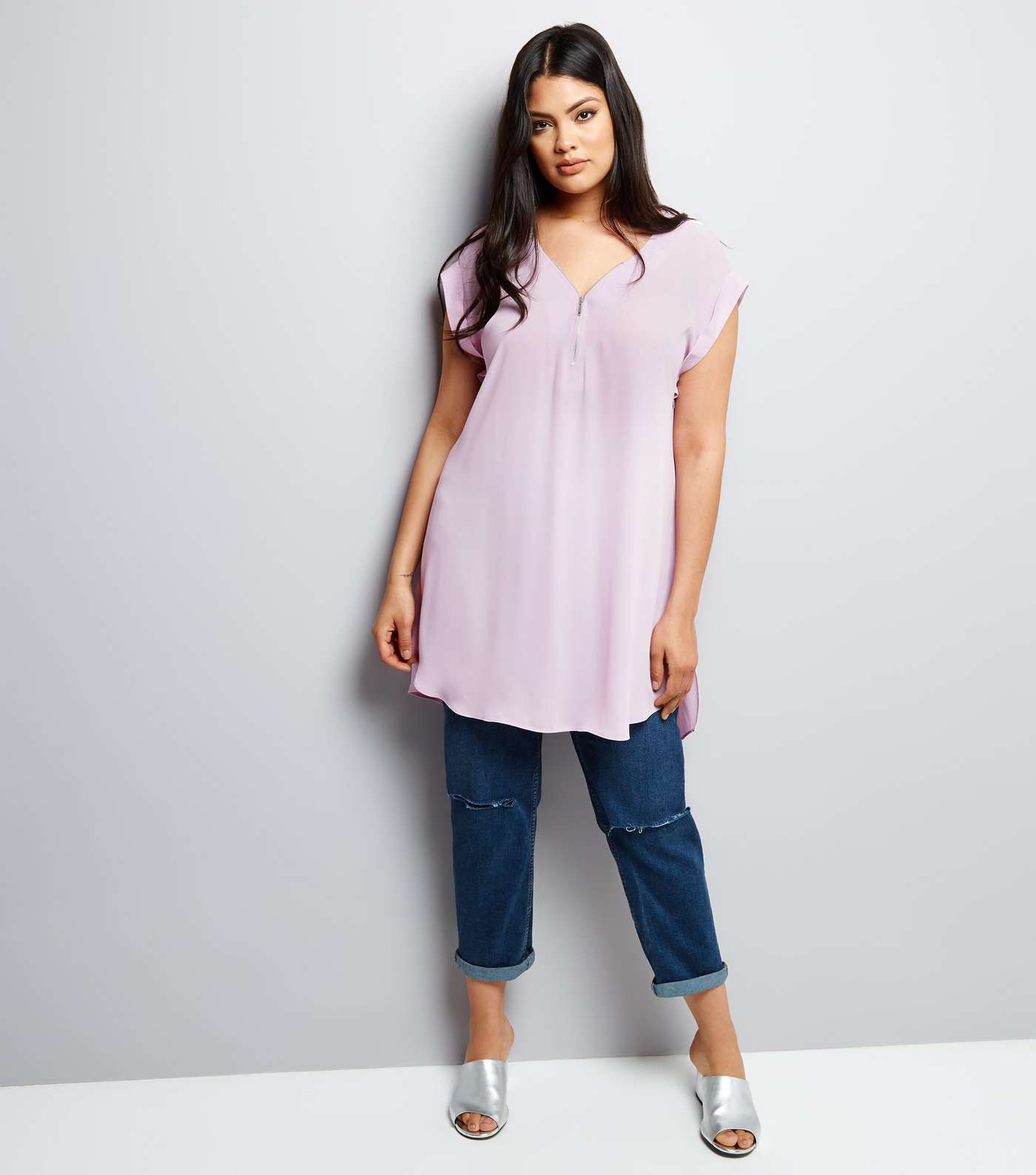 Curves Lilac Zip Neck Tunic Top Image 2