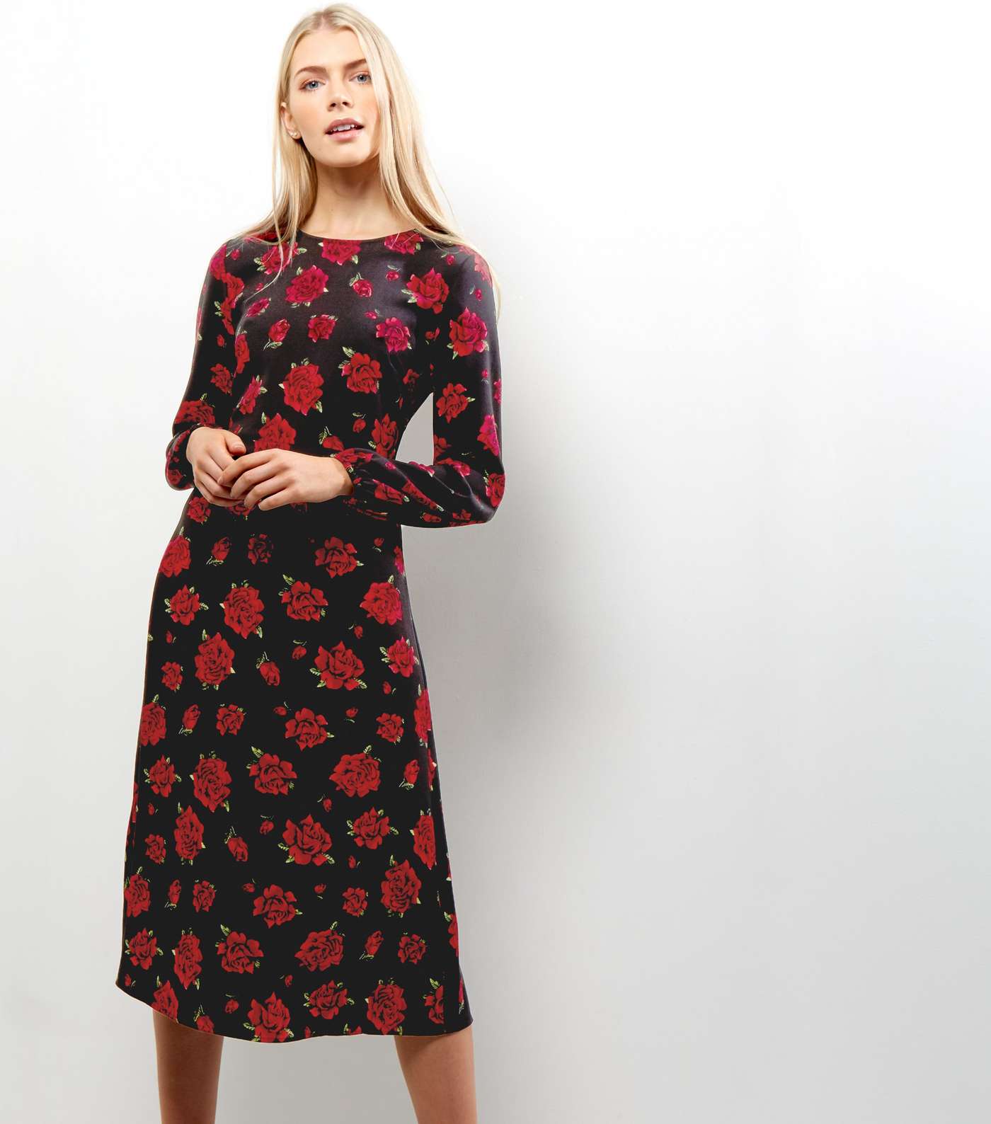 Black Floral Print Long Sleeve Midi Dress