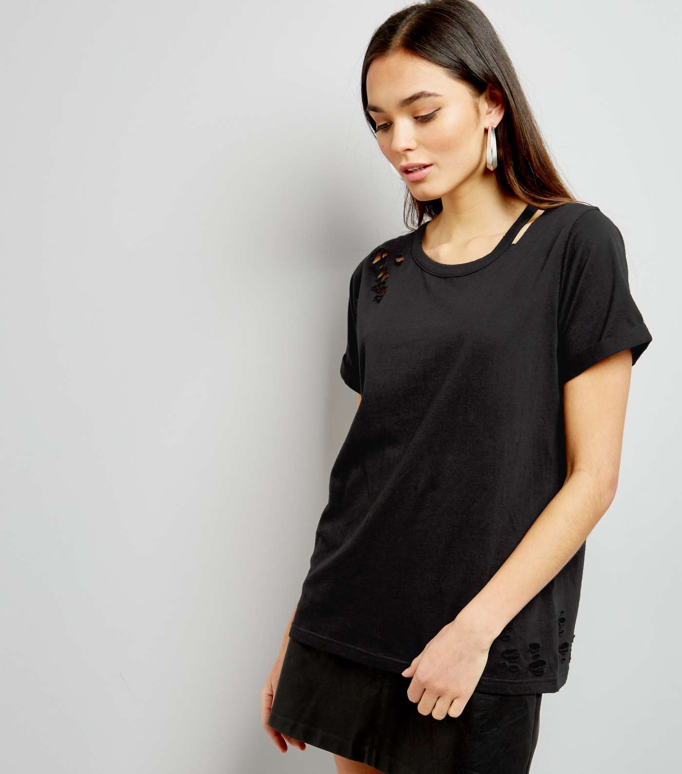 Black Cut Out Ripped Neck T-Shirt 
