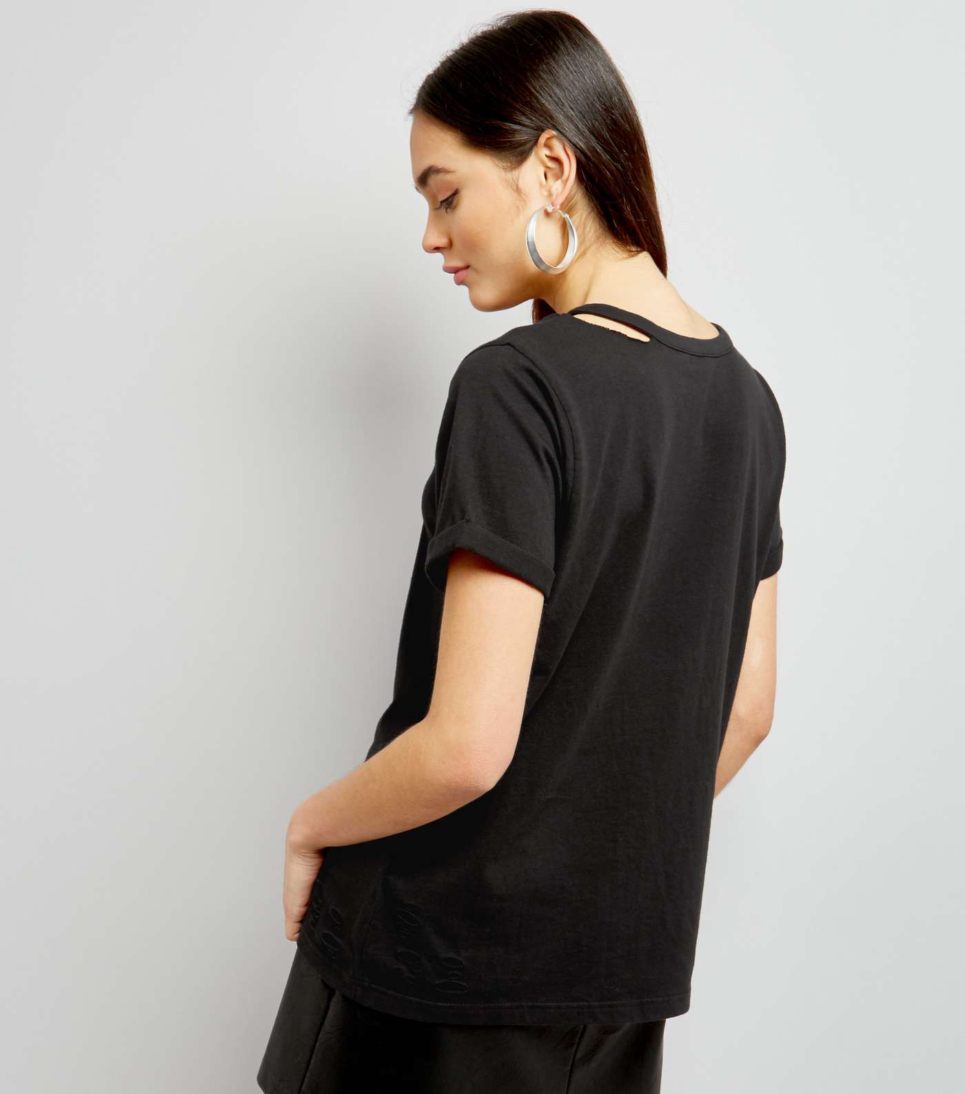 Black Cut Out Ripped Neck T-Shirt  Image 3