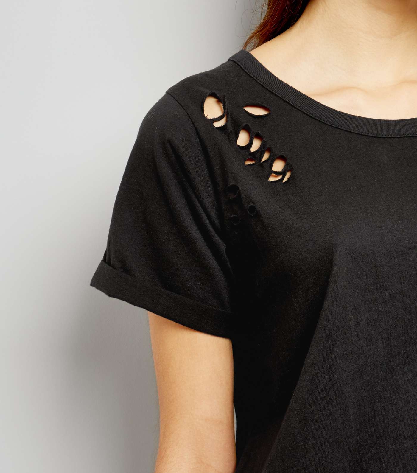 Black Cut Out Ripped Neck T-Shirt  Image 5