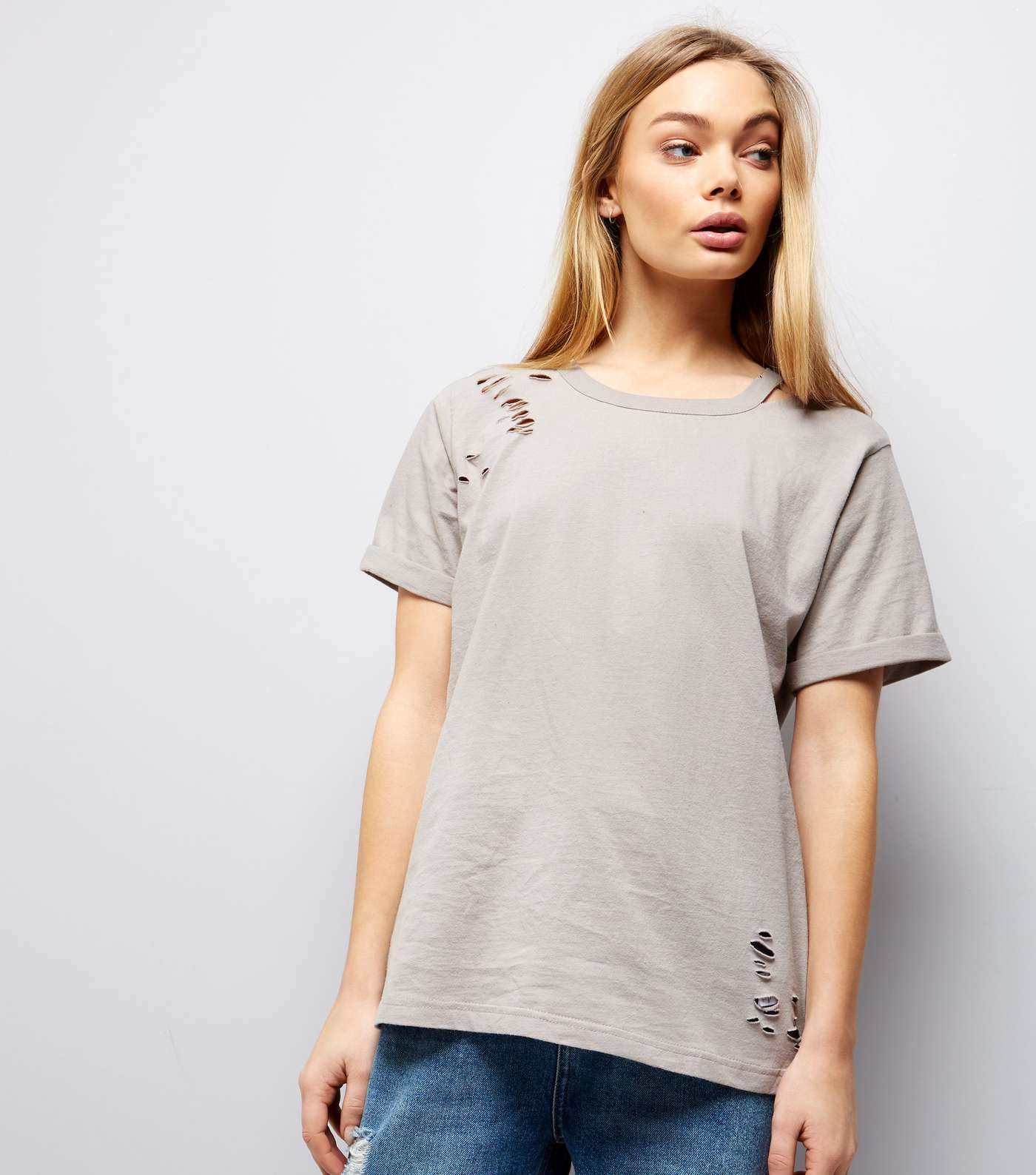 Pale Grey Cut Out Ripped Neck T-Shirt 