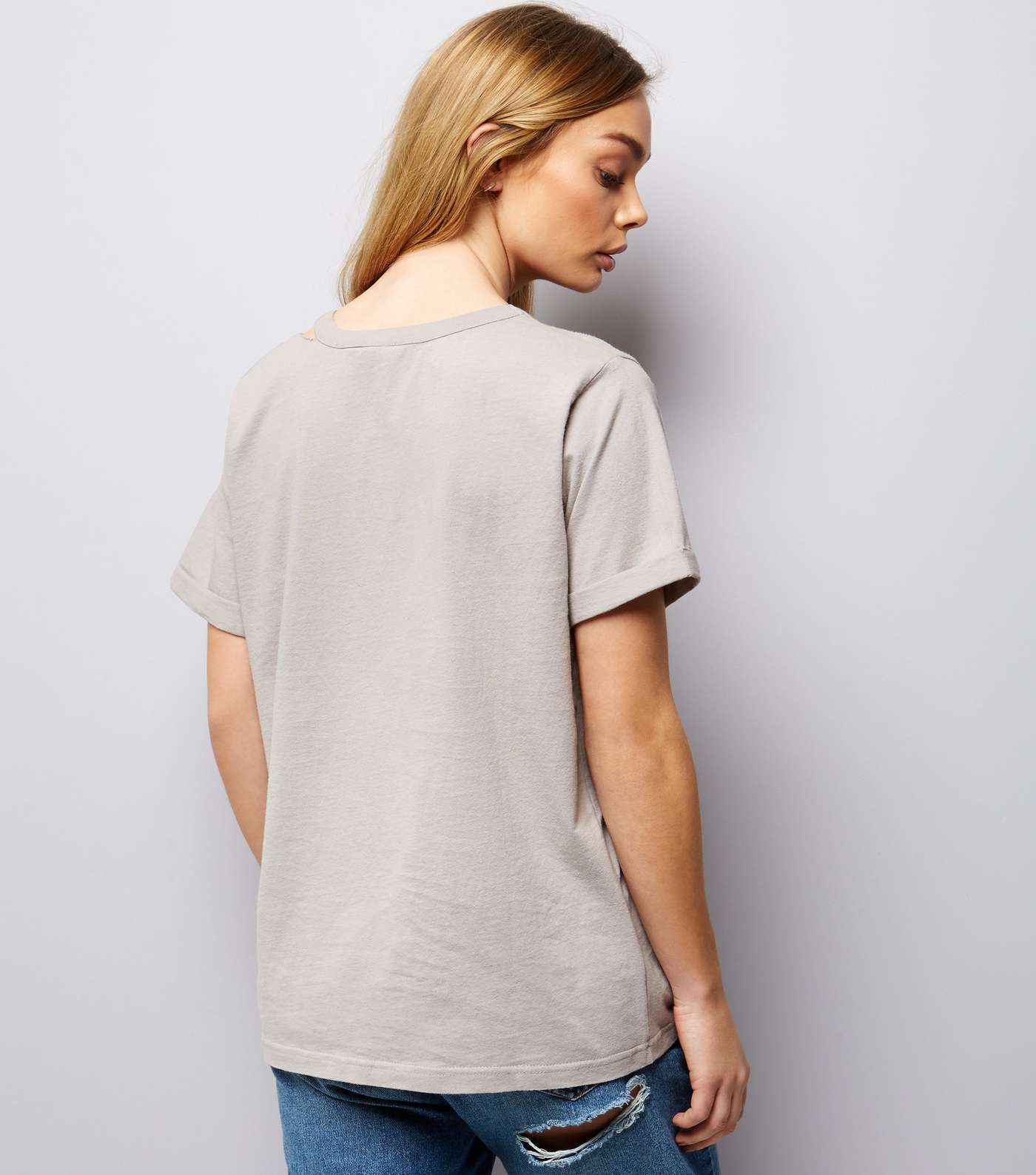 Pale Grey Cut Out Ripped Neck T-Shirt  Image 3