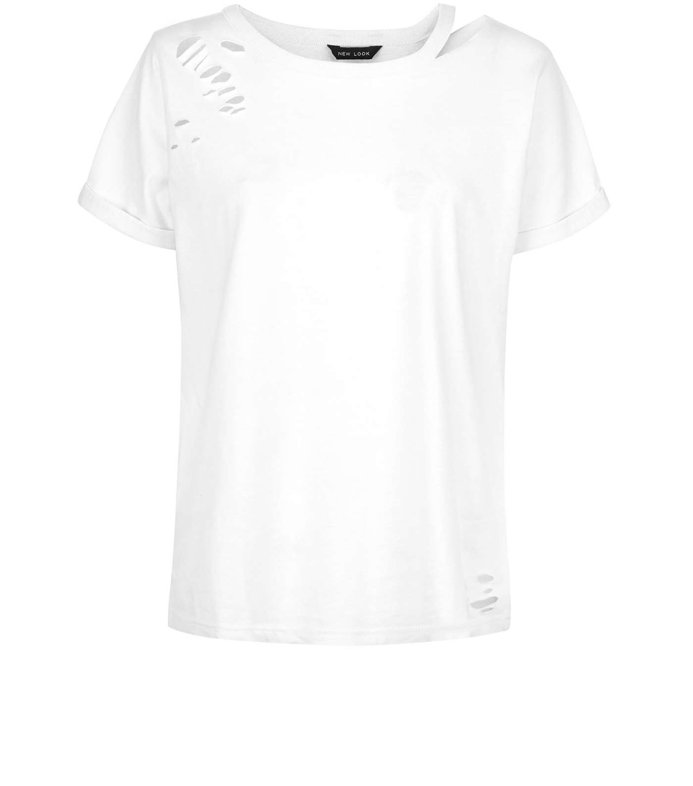 White Cut Out Ripped Neck T-Shirt  Image 4