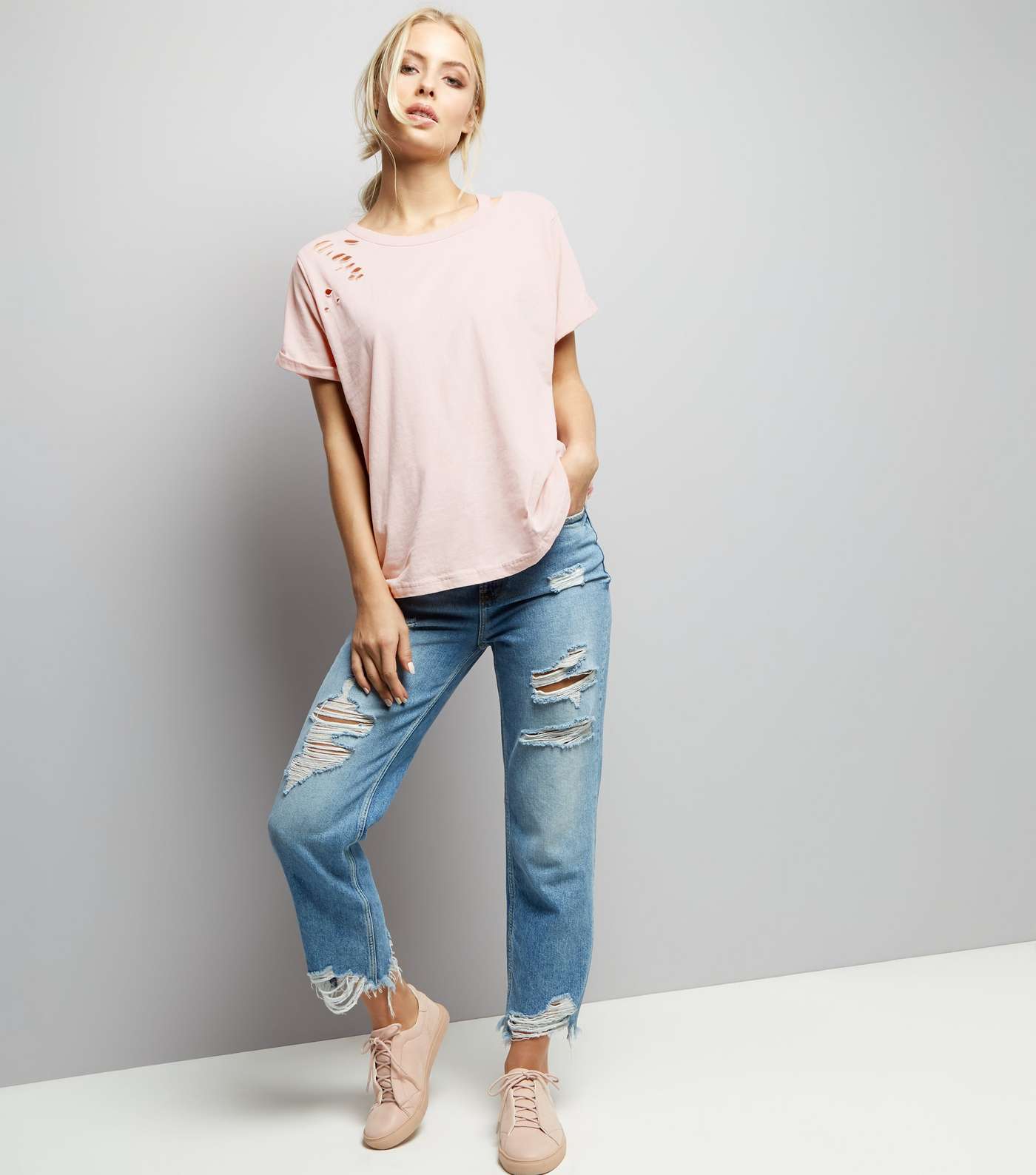 Pink Ripped Cut Out Shoulder T-Shirt Image 2