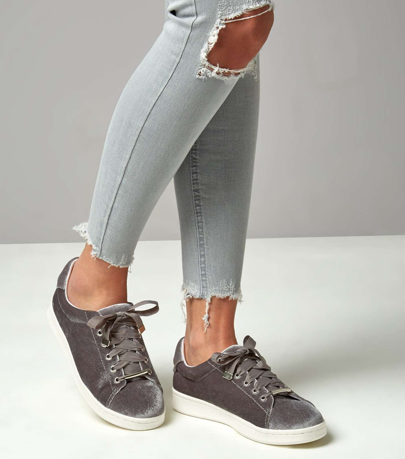 Grey Velvet Lace Up Trainers  Image 3