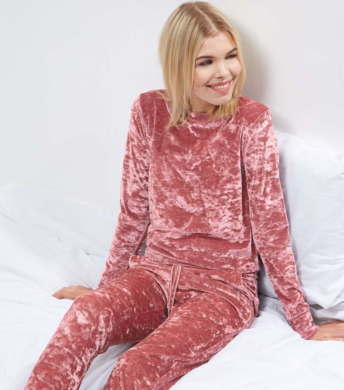 Shell Pink Velvet Long Sleeve Crew Neck Pyjama Top 