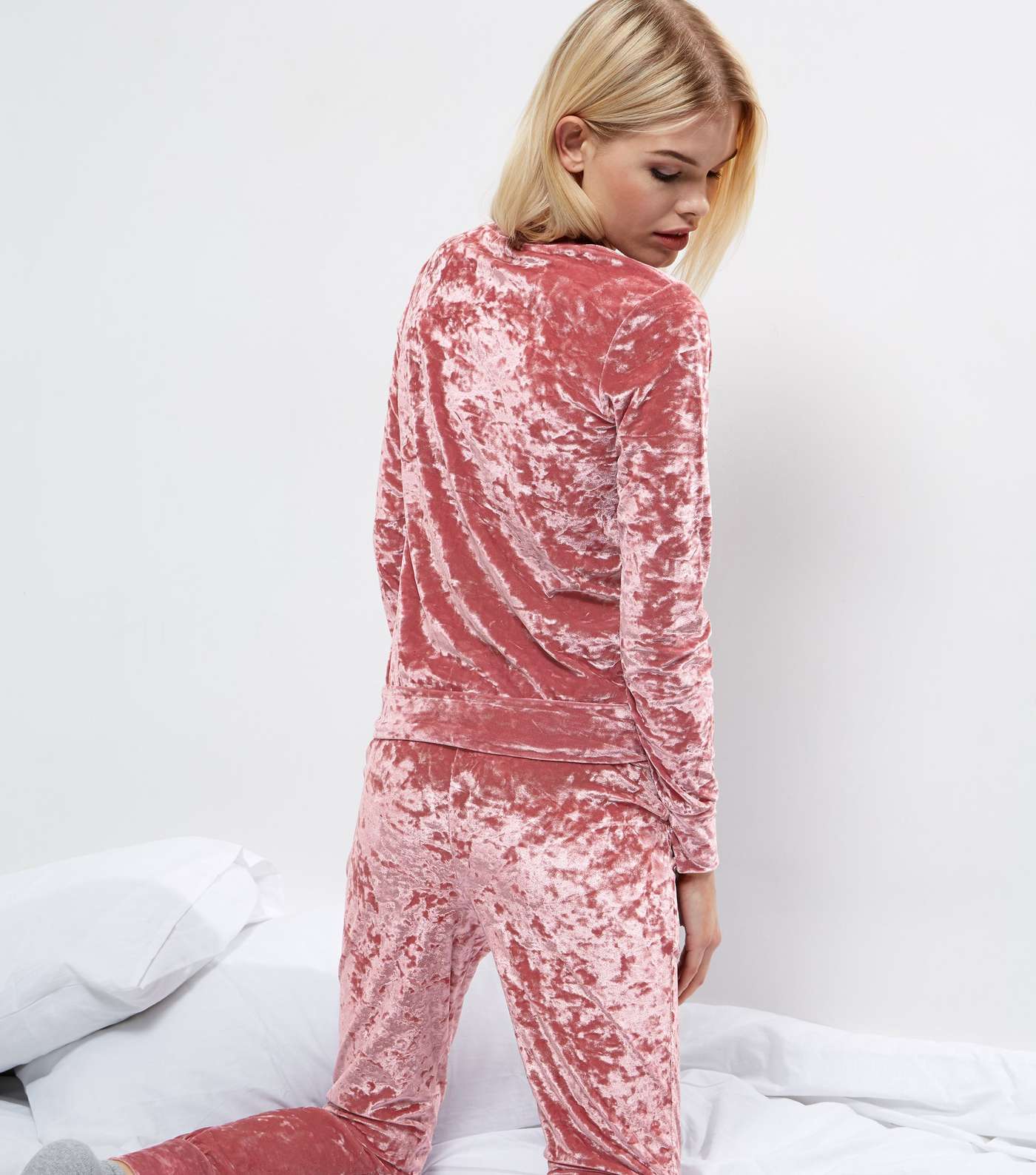 Shell Pink Velvet Long Sleeve Crew Neck Pyjama Top  Image 3