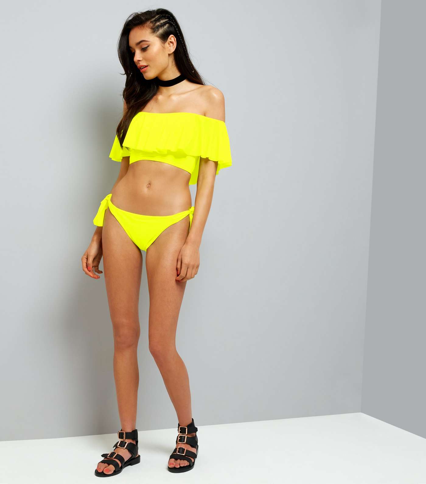 Yellow Bardot Neck Frill Trim Bikini Top Image 4