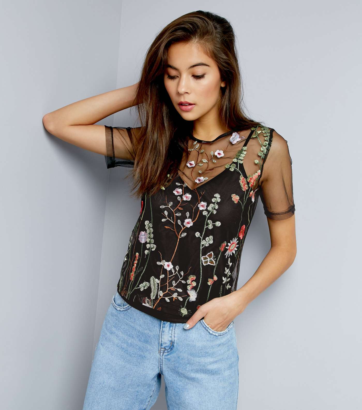 Black Floral Embroidered Mesh Top 