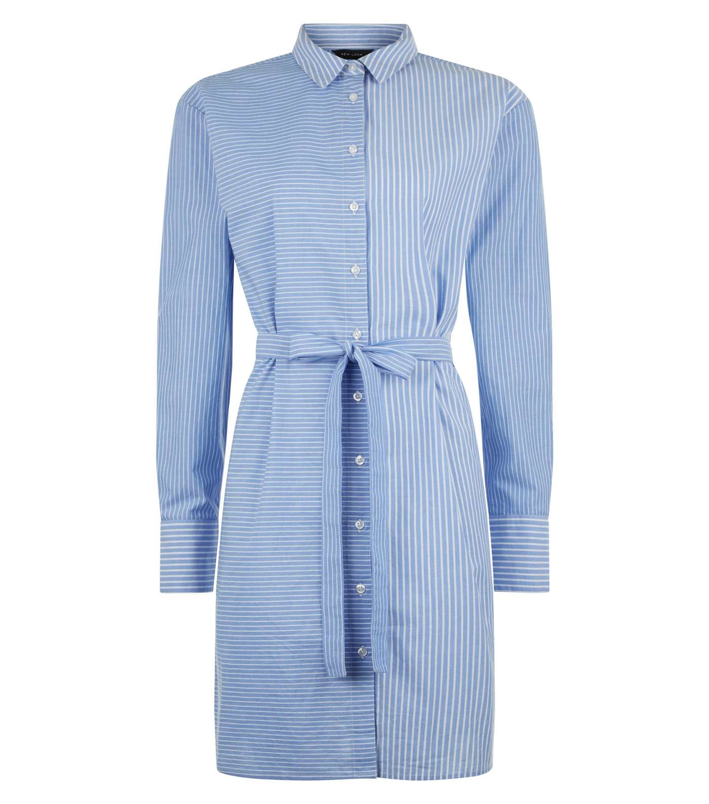 Blue Spliced Stripe Shirt Dress Image 4