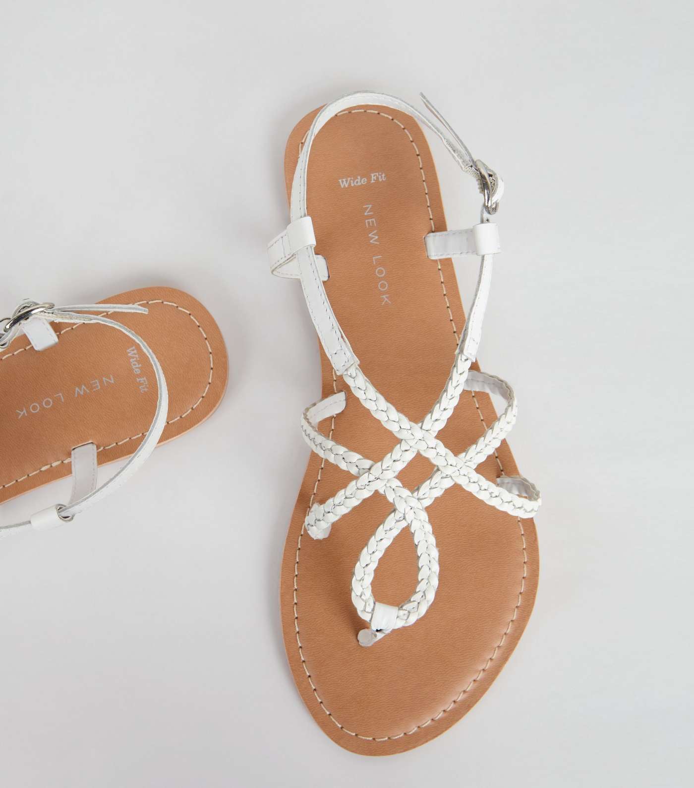 Wide Fit White Leather Plaited Sandals Image 5