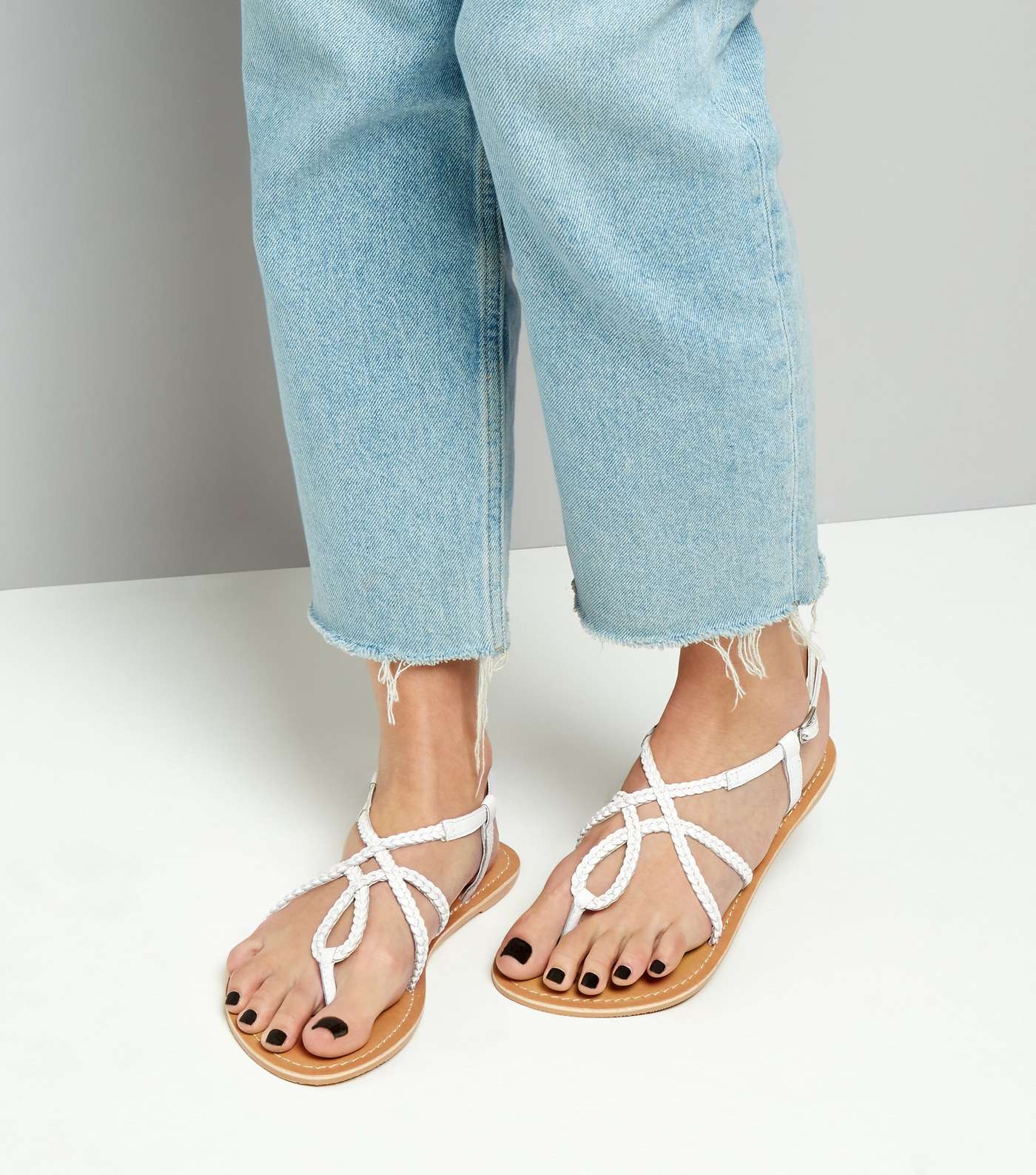 Wide Fit White Leather Plaited Sandals Image 3