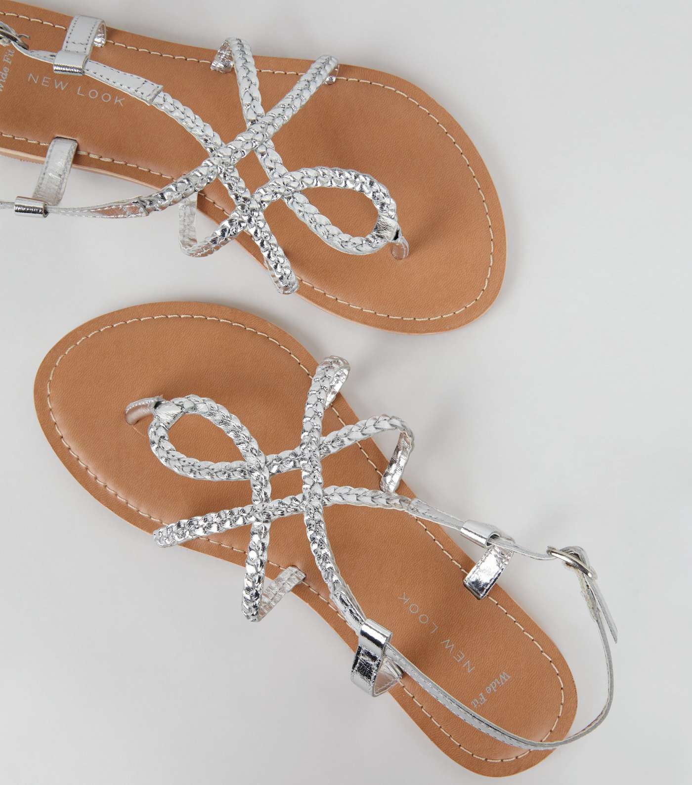 Wide Fit Silver Leather Plaited Sandals Image 4