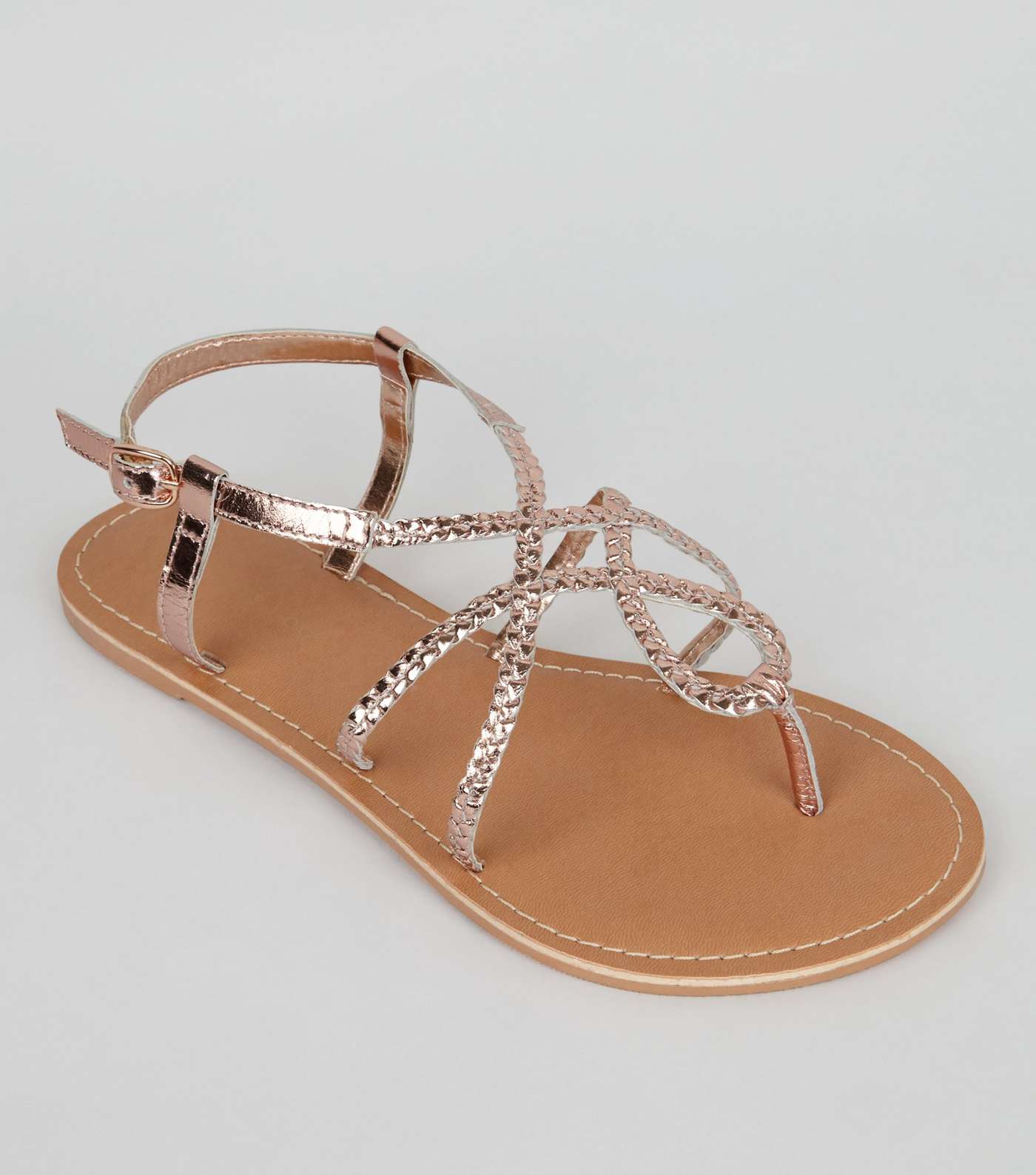 Wide Fit Rose Gold Leather Plaited Sandals
