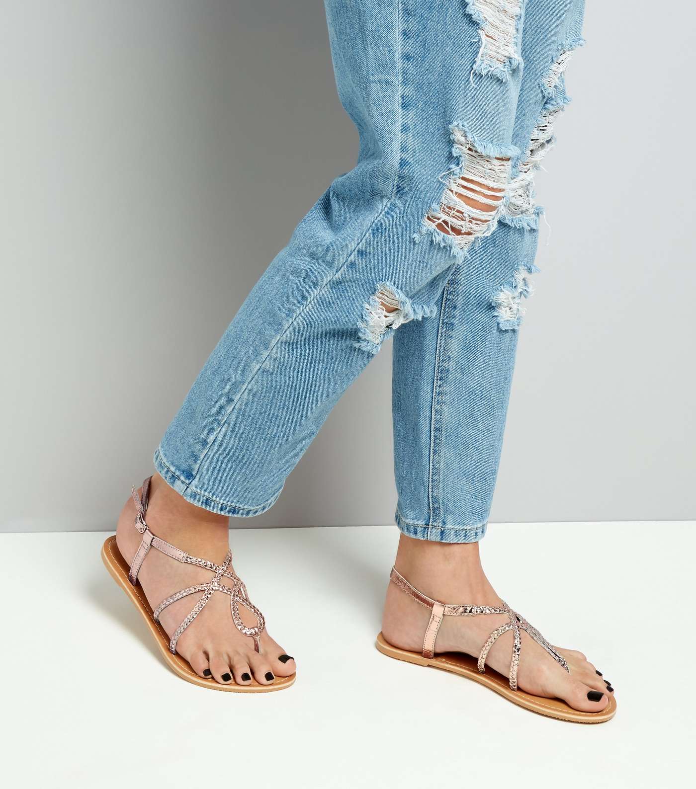 Wide Fit Rose Gold Leather Plaited Sandals Image 3
