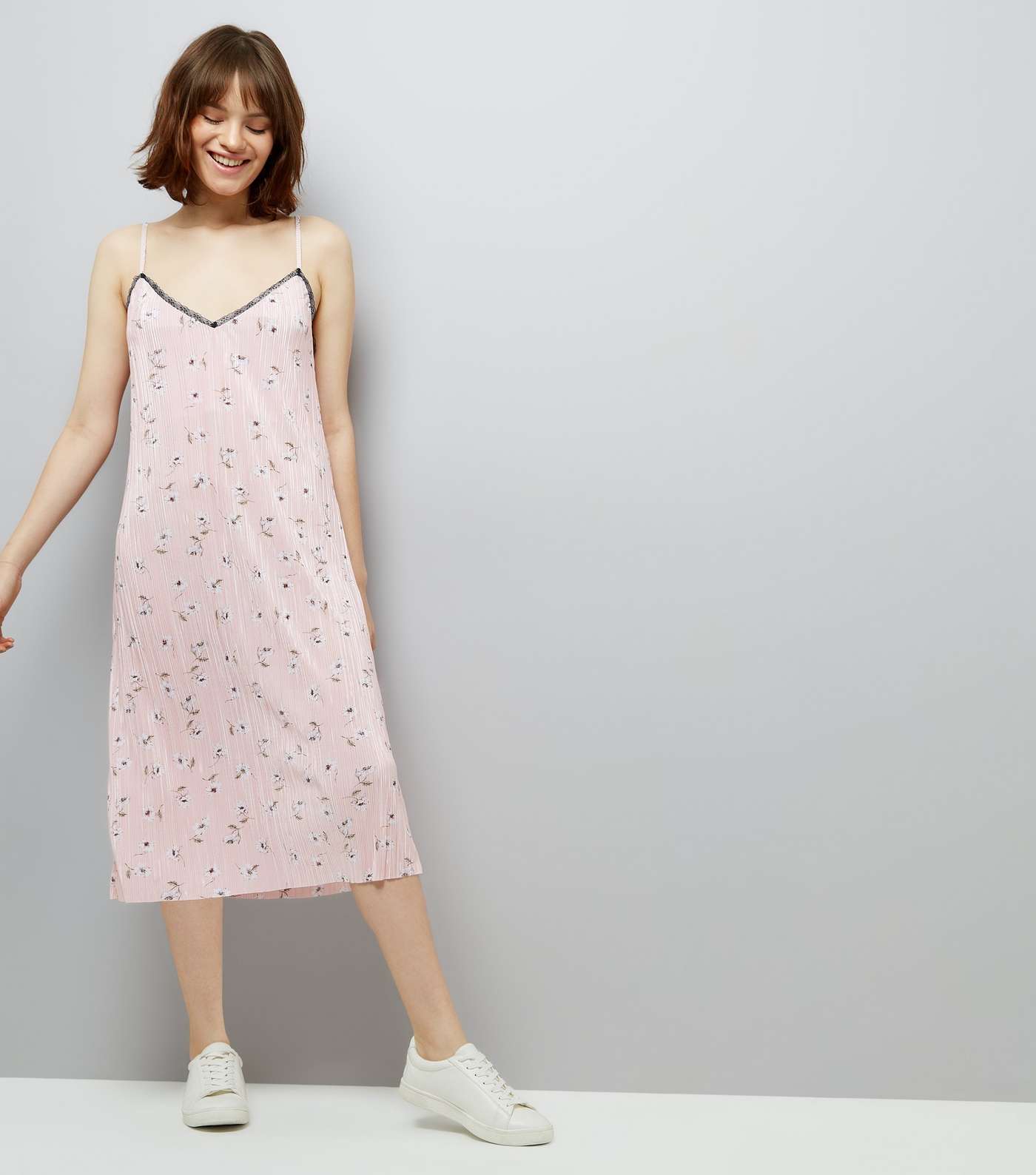 Pink Floral Print Pleated Midi Slip Dress Image 2