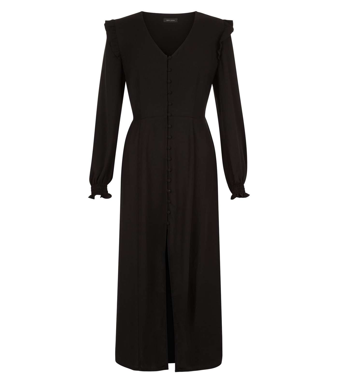 Black Button Front Long Sleeve Midi Dress Image 3