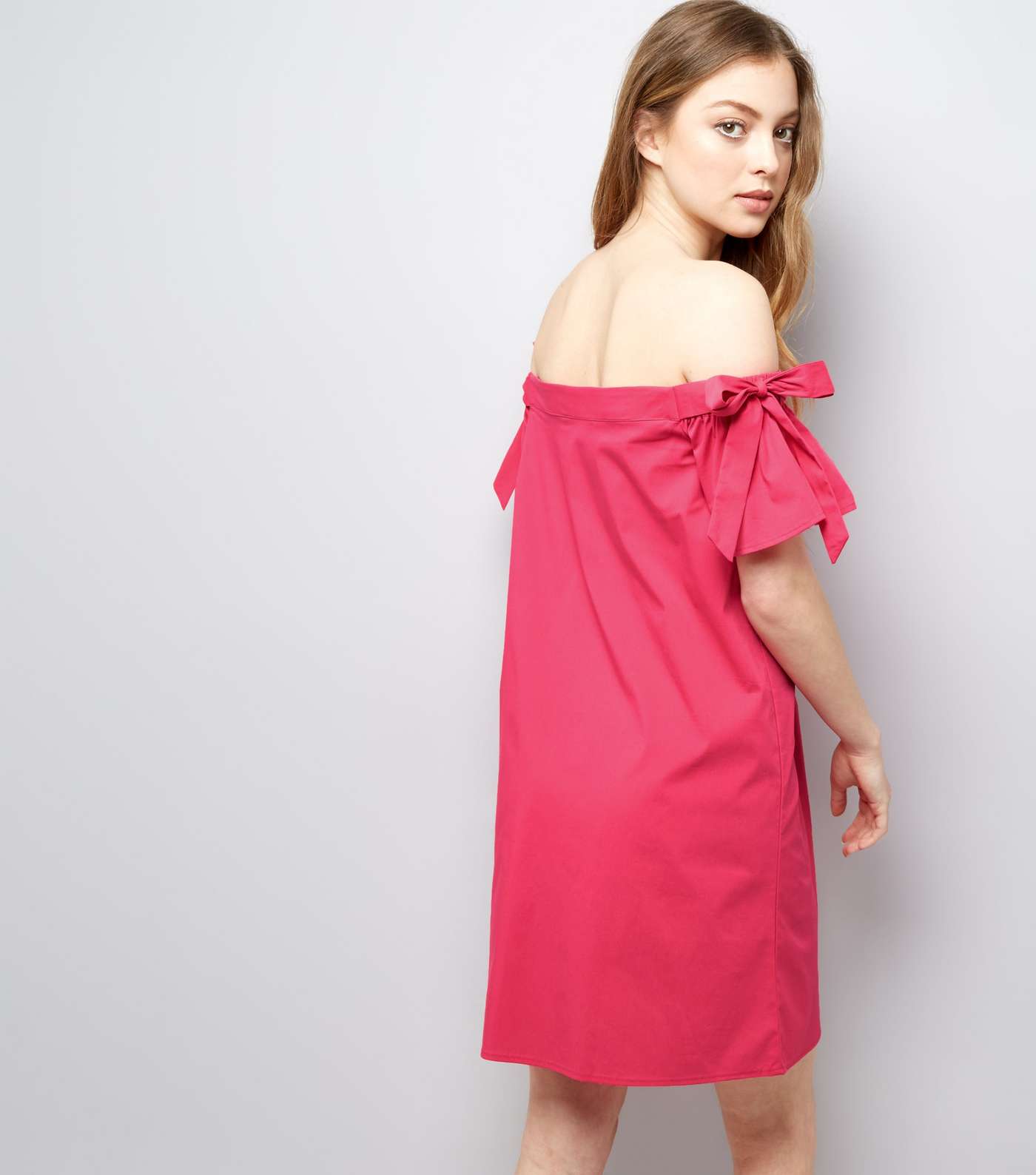 Bright Pink Tie Sleeve Bardot Neck Dress  Image 3