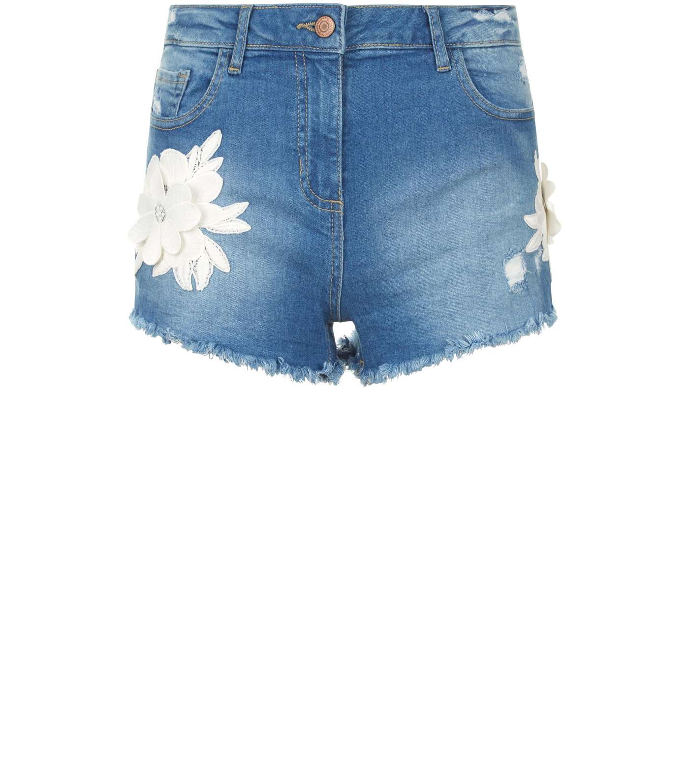Parisian Blue 3D Floral Embroidered Patch Frayed Denim Shorts Image 4