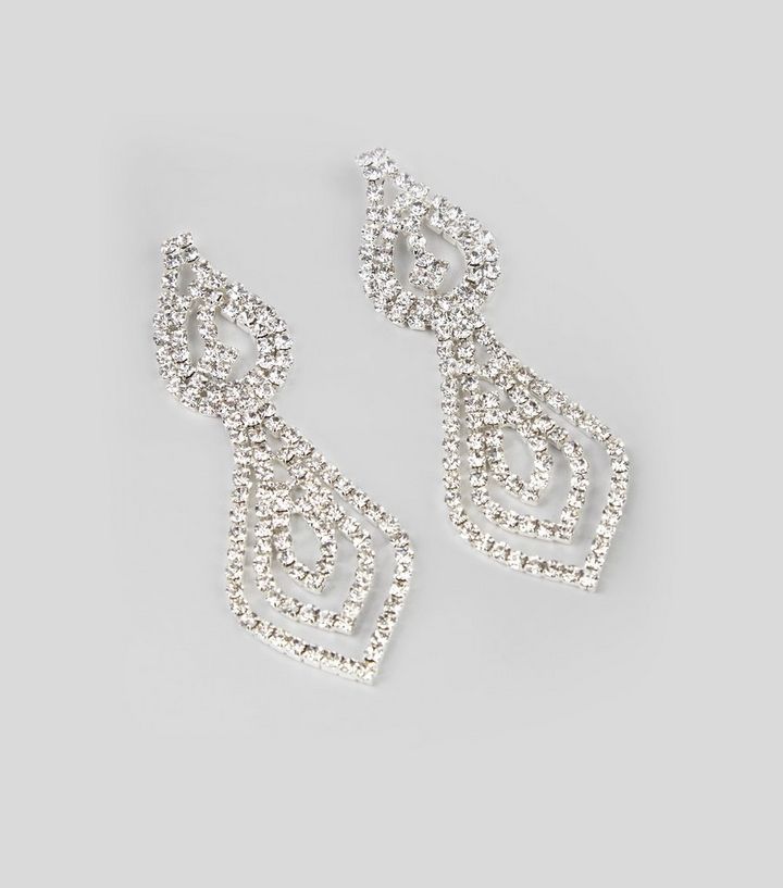 Silver Crystal Teardrop Chandelier Earrings New Look