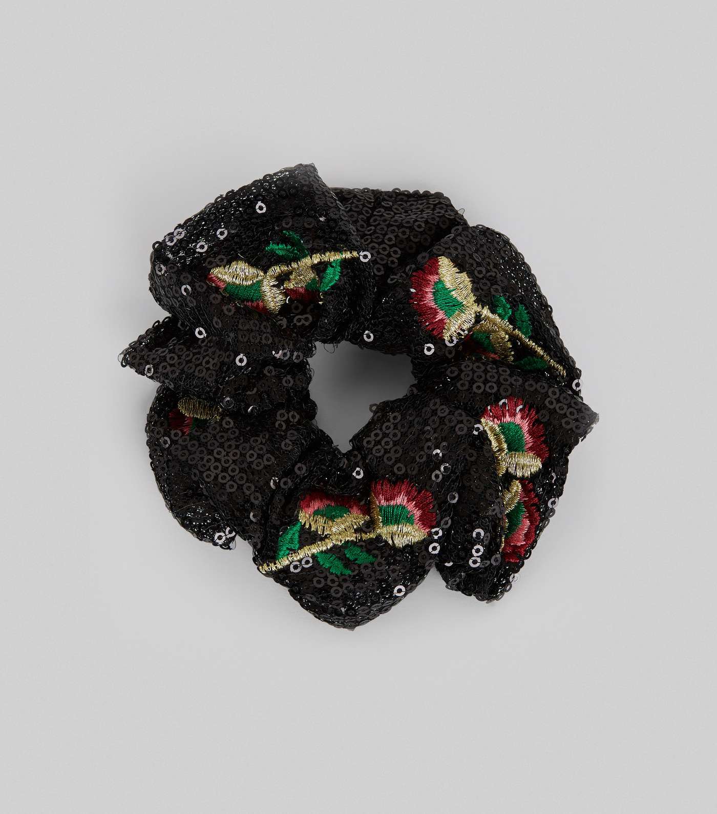 Black Sequin and Floral Embroidered Scrunchie