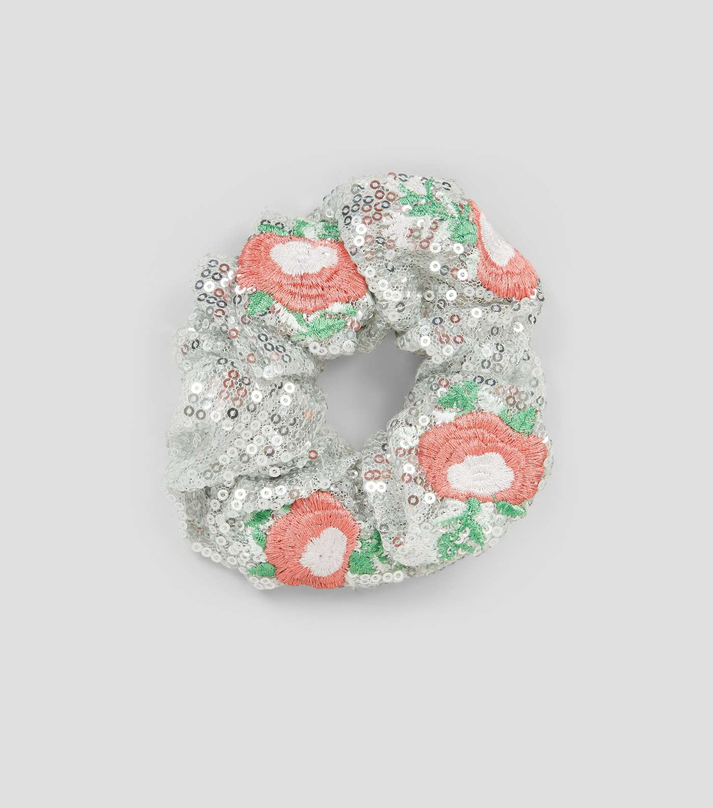Silver Sequin Floral Embroidered Scrunchie