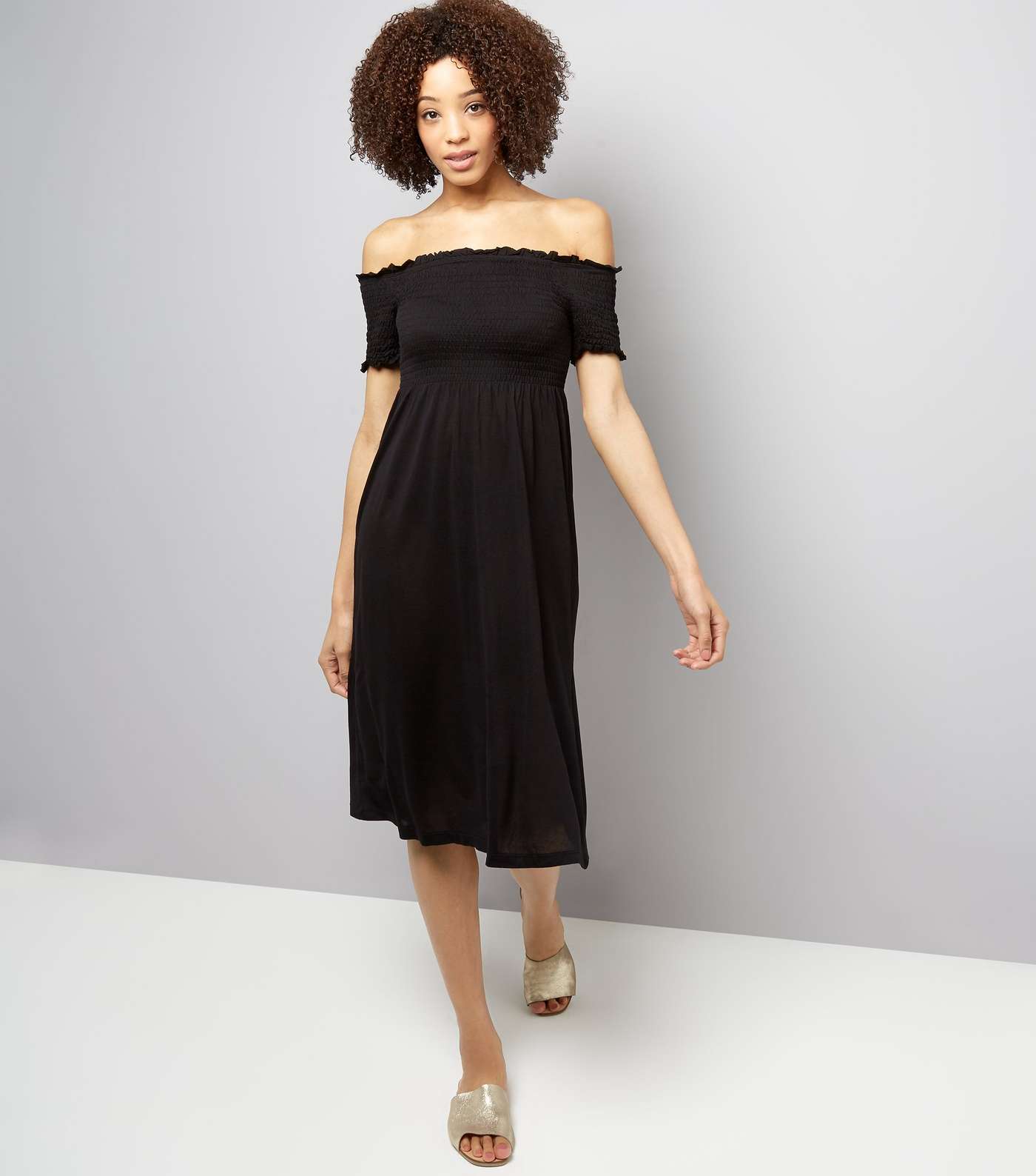 Black Shirred Bardot Neck Midi Dress