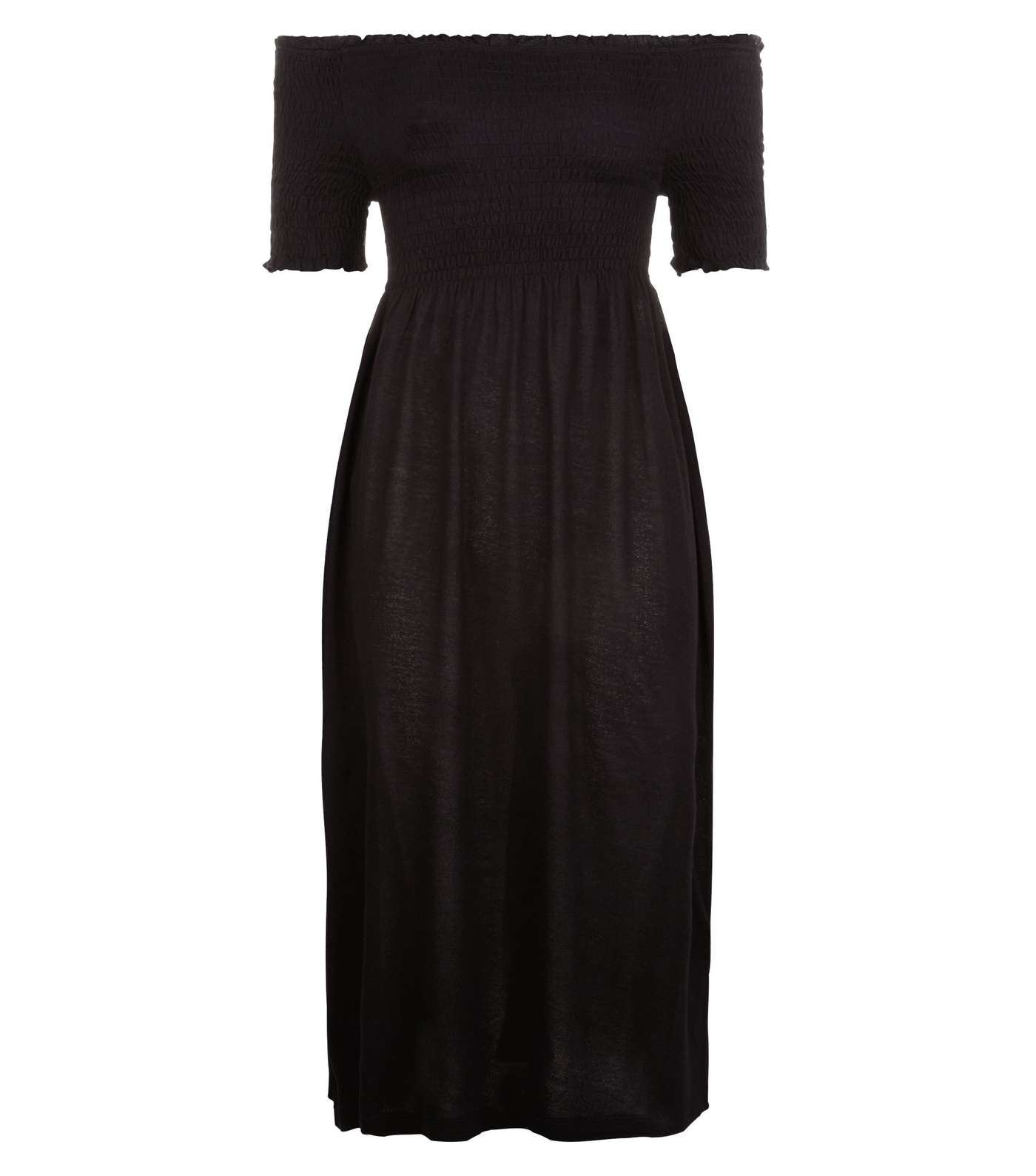 Black Shirred Bardot Neck Midi Dress Image 3