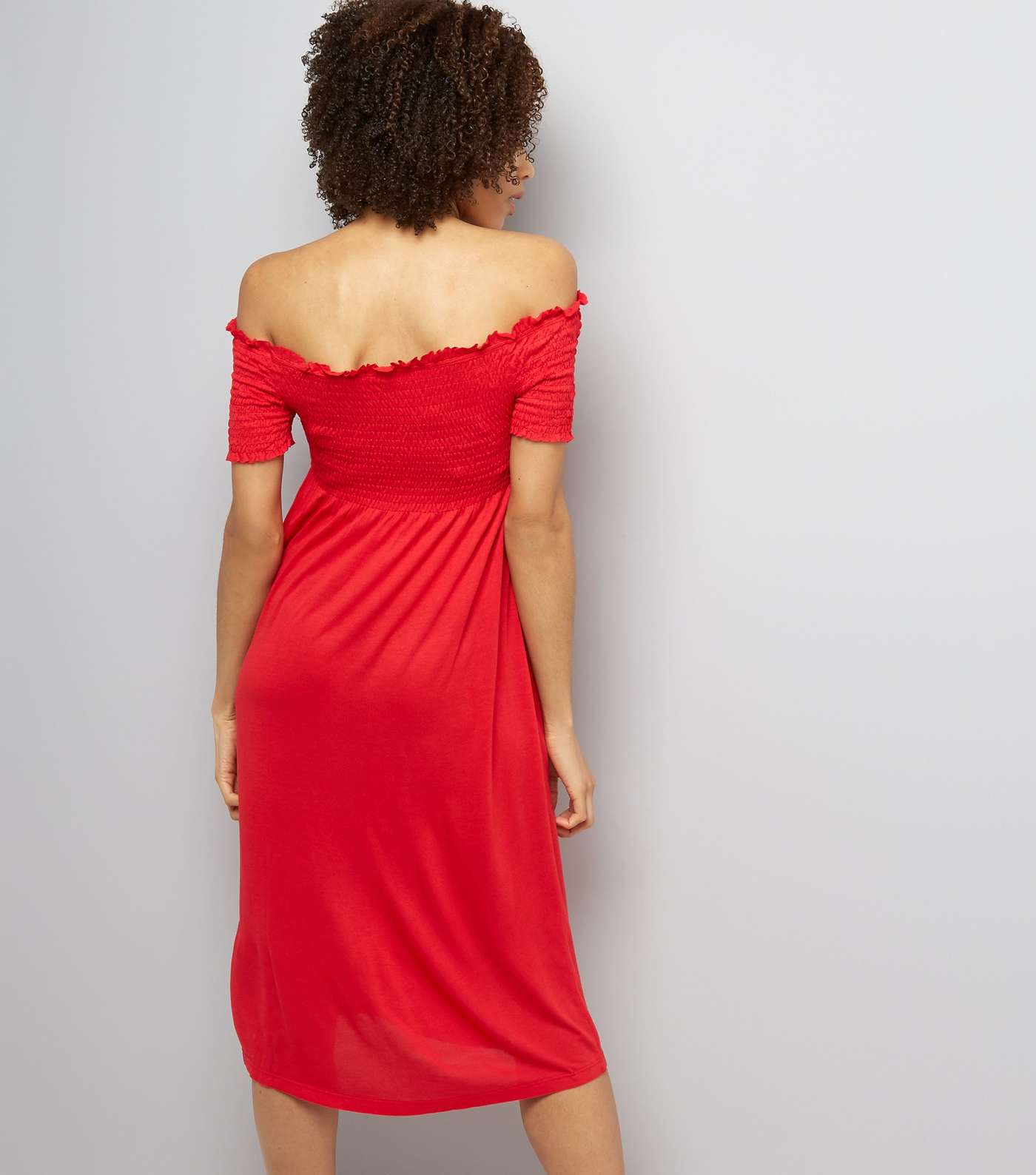Red Shirred Bardot Neck Midi Dress  Image 2