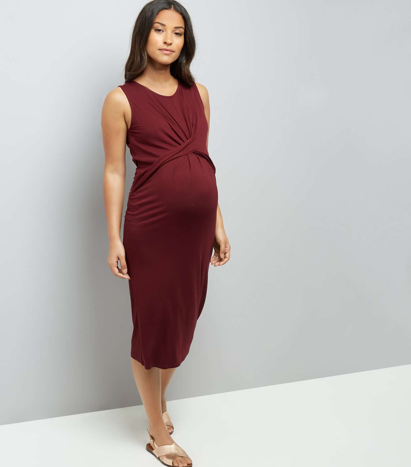 Maternity Burgundy Twist Front Midi Dress Image 2