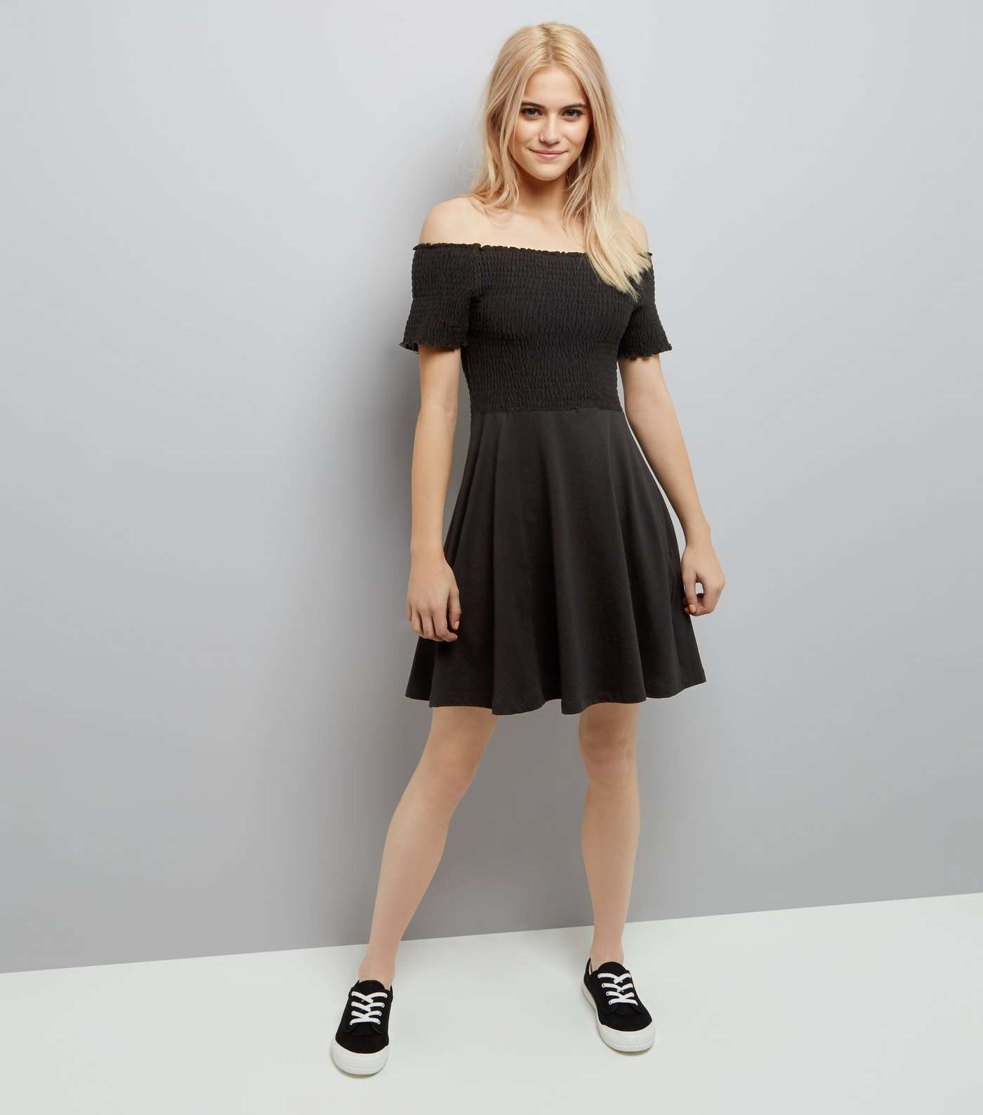 Black Shirred Bardot Neck Skater Dress Image 2