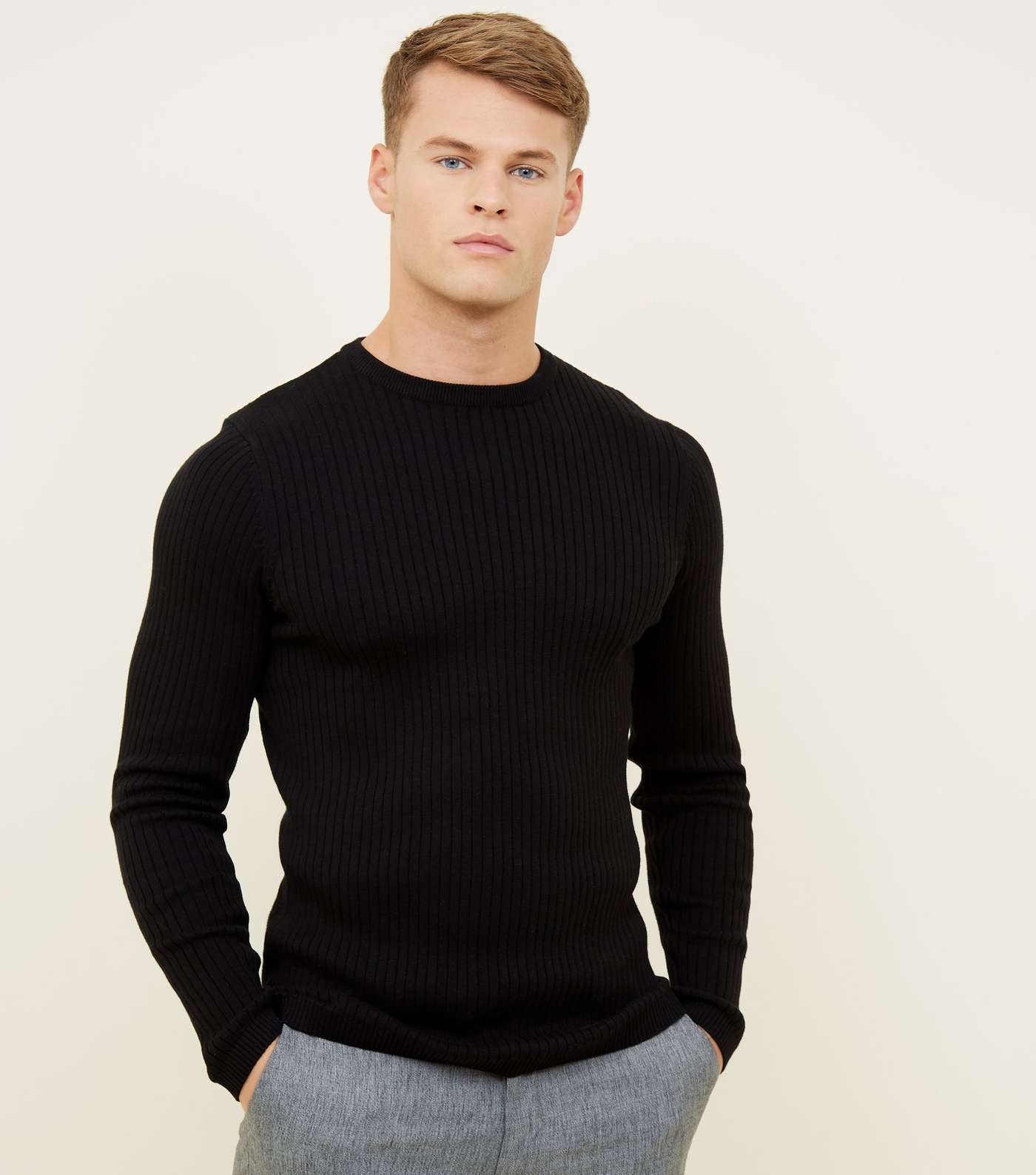 Black Ribbed Muscle Fit Jumper