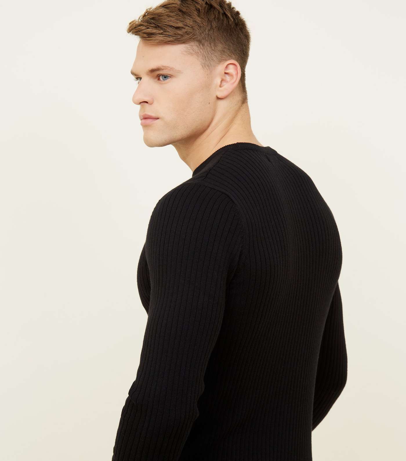 Black Ribbed Muscle Fit Jumper Image 3