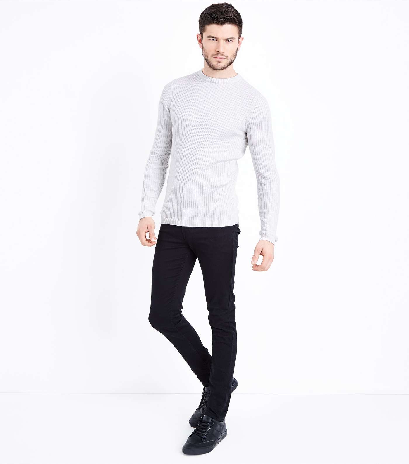 White Ribbed Muscle Fit Jumper Image 2