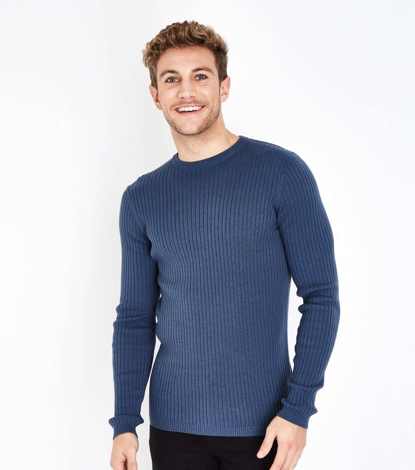 Blue Ribbed Muscle Fit Jumper